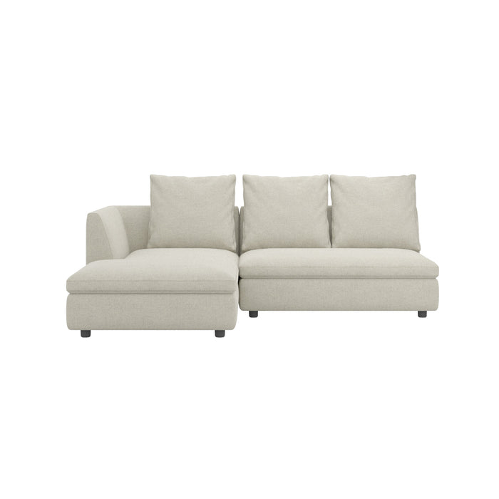 SONA〈DUO〉ソファ（幅214cm（W.214 D.92/160 H.66 SH.40cm））。やわらかな背クッションとフラットシートが生む快適な座り心地で、L字型シェーズロングタイプ。3サイズ展開でお部屋に合わせたレイアウトが可能。